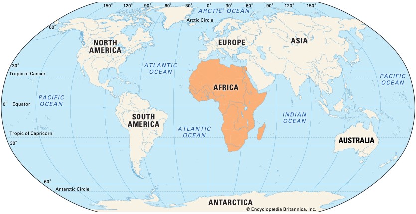 Map of the world showing Africa